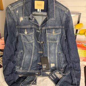 PAIGE Blue Denim Jacket with Distressed Accents